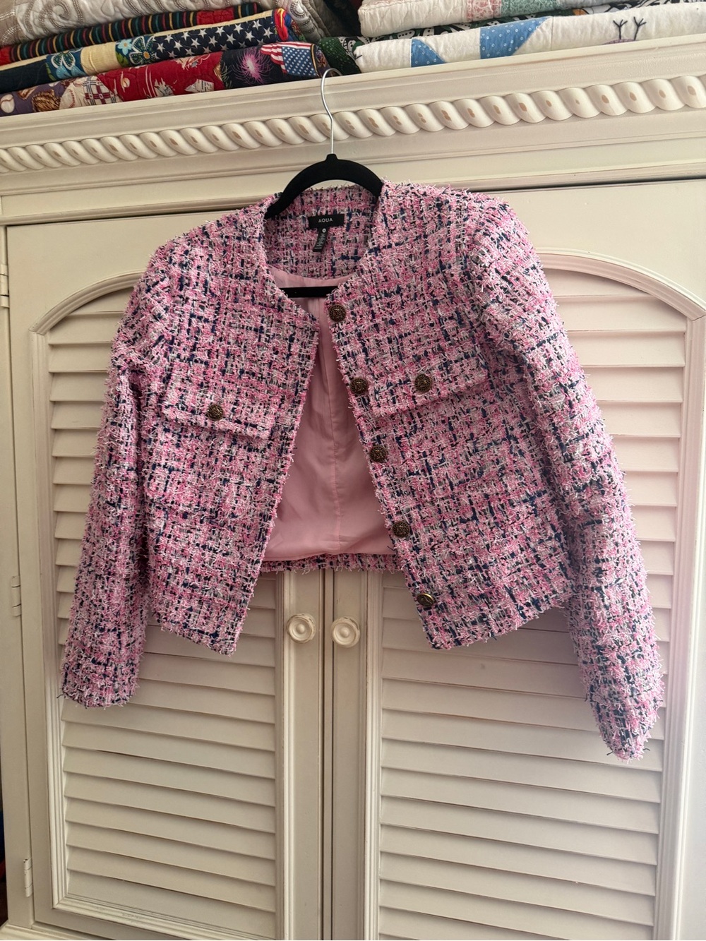 Aqua Pink Tweed Cropped Blazer with Gold Buttons